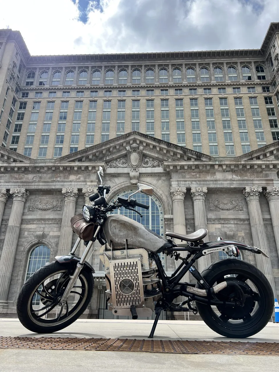 A Shandoka motorcycle at Michigan Central, the 110-year-old train station, fully restored, in Detroit's Corktown neighborhood