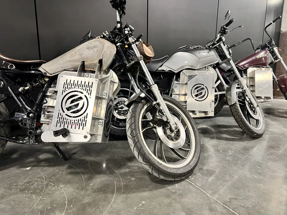 Three Yamaha motorcycles converted to electric drive at Newlab