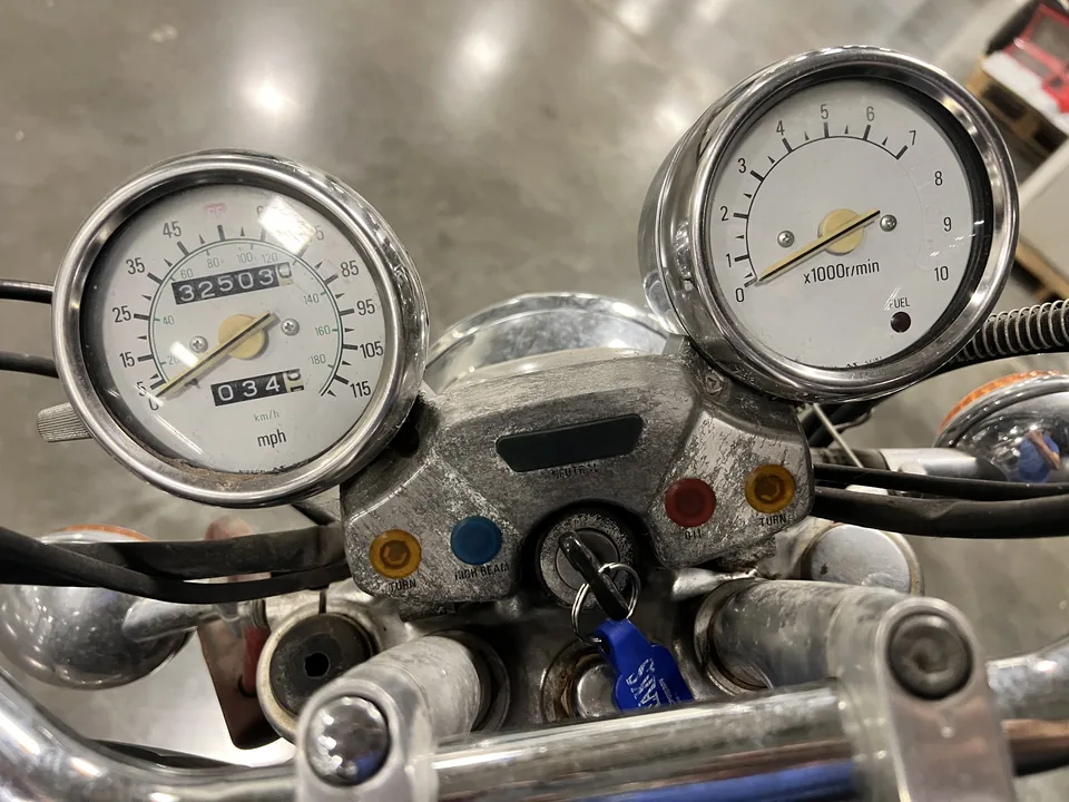 The Green Machine's gauges and bars from the rider's seat.
