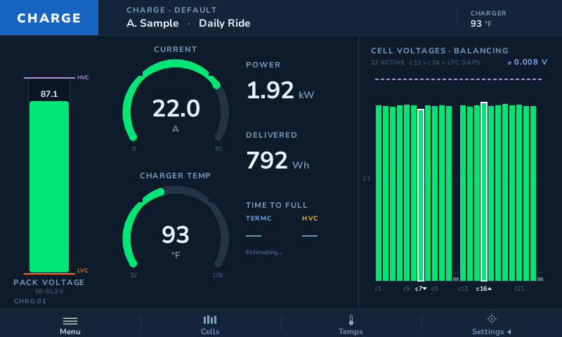 DBB charge screen: 22 amps going in, 1.92 kilowatts, 792 watt-hours delivered, and a live bar for each cell