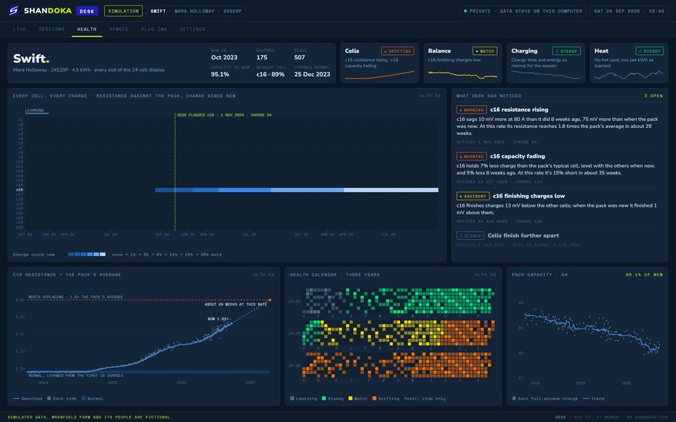 DBB Desktop health view: the pack's four systems, every cell against every charge, the findings list, a resistance trend, the health calendar and pack capacity