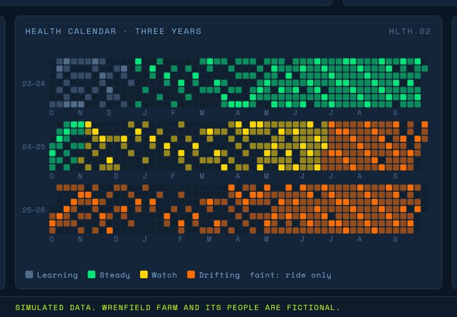 Three rows of daily squares, one per year, shading from learning grey to steady green, then yellow and orange